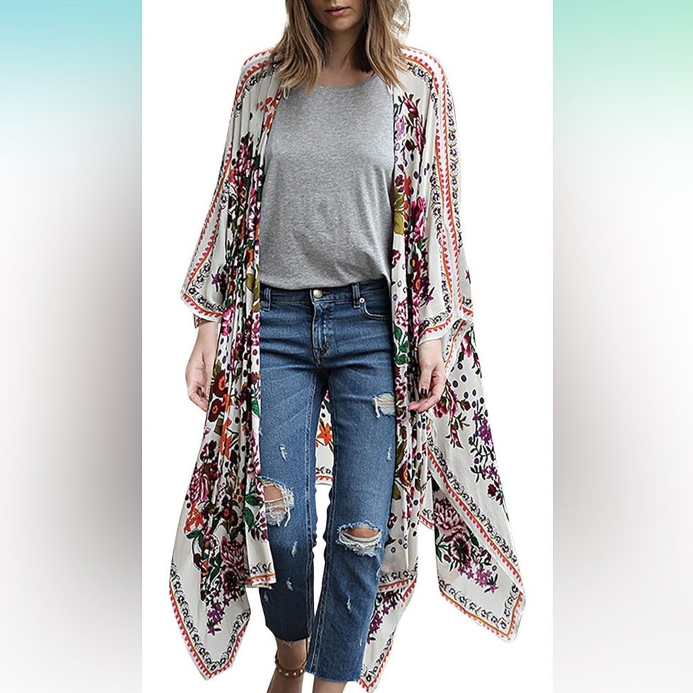 lcepcy Women’s  Lightweight Chiffon Loose Bell Sleeve Open Front Kimono Blouse